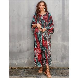 Women's Kaftan Beachwear Bikini Cover Up Red Leaf